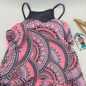 Free Country Tankini Top Womens Large Pink Purple Mandala Laser Cut Mesh NEW
